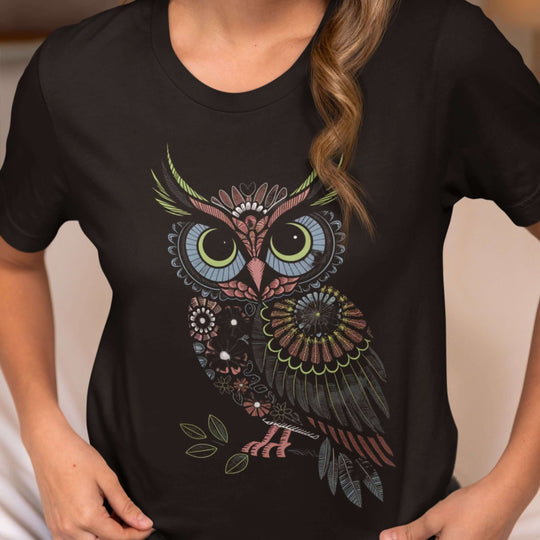 Owl Tee with Intricate Floral Patterns T-Shirt Printify Black S