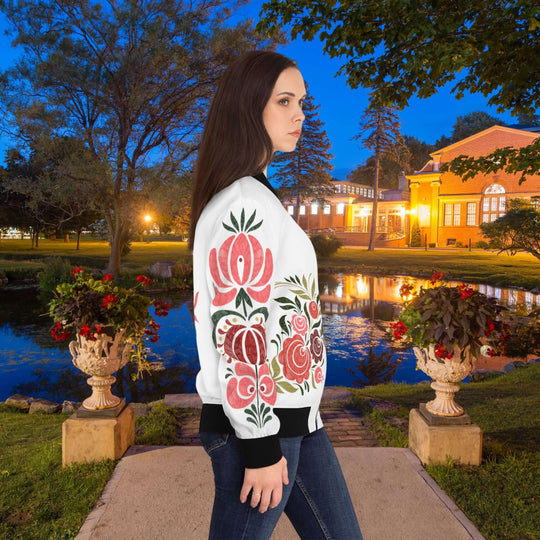 Folk Art Bomber Jacket with Floral Patterns All Over Prints Printify