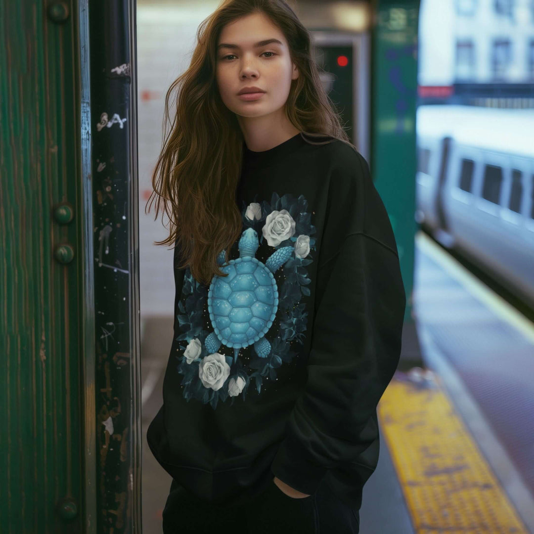 Blue Turtle and White Roses Sweatshirt Sweatshirt Printify M Black