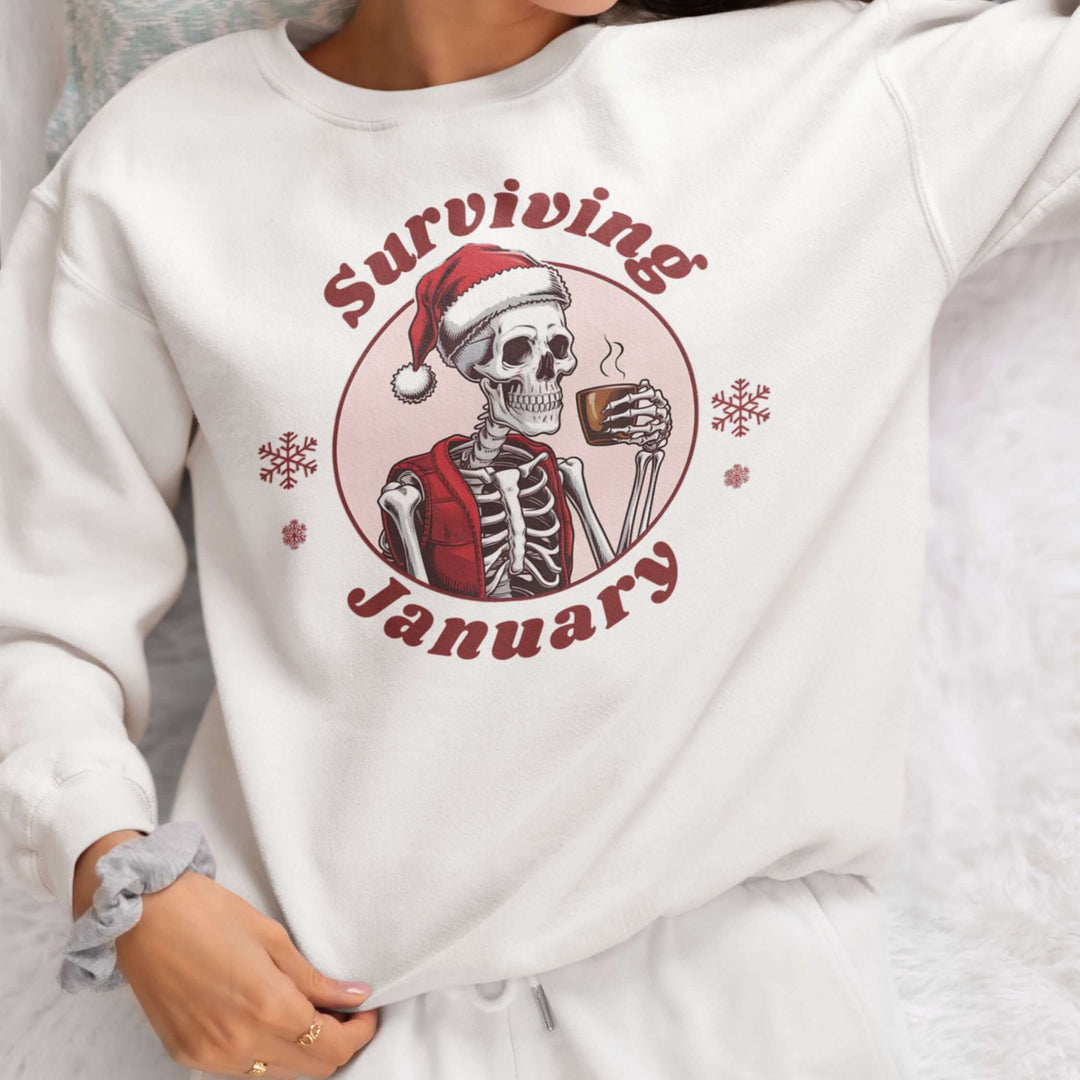 Surviving January Sweatshirt - Dark Humor Unisex Sweatshirt Sweatshirt Printify White S