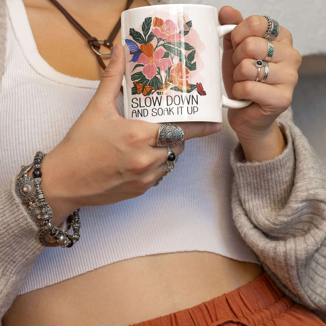 Boho Ceramic Mug - Slow Down and Soak It Up, Floral and Inspirational Mug Printify