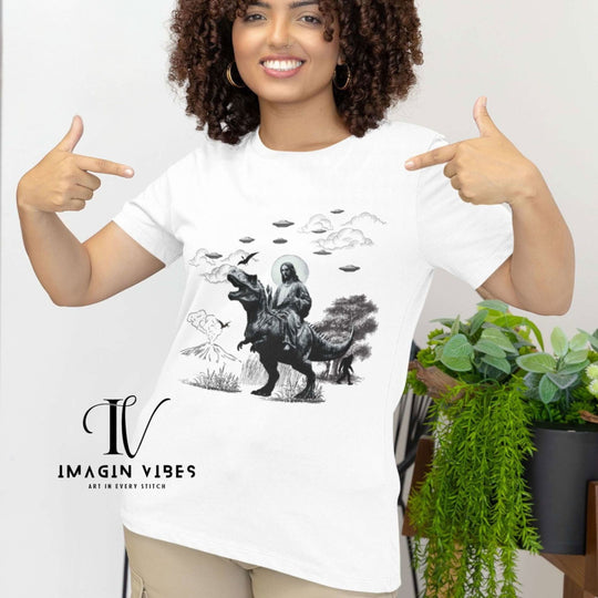 Graphic Tee Jesus Riding Dinosaur UFOs T-Shirt Printify