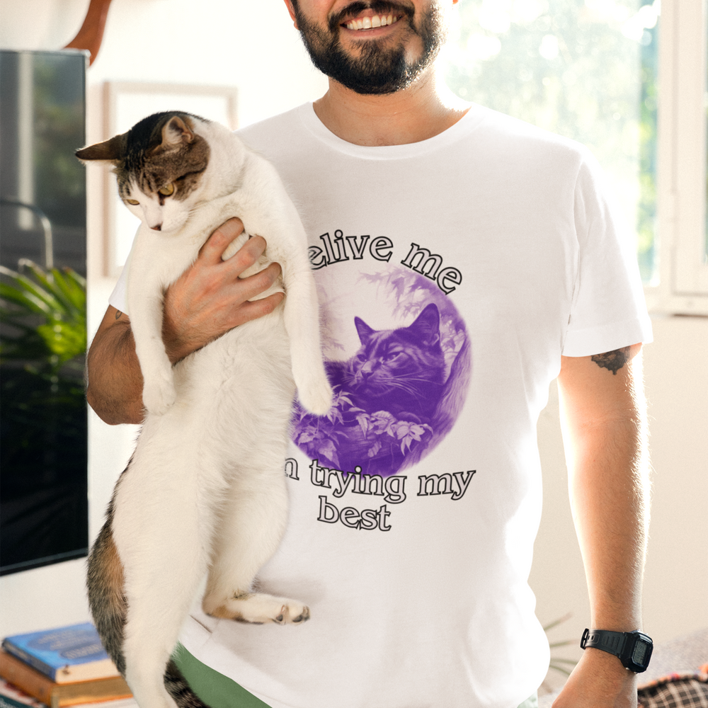 Cat Graphic T-Shirt 'Believe me I'm trying my best' T-Shirt Printify White L