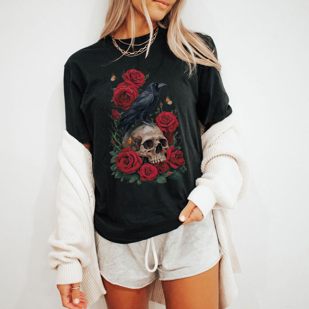Gothic Raven Skull Softstyle T-Shirt T-Shirt Printify M Black