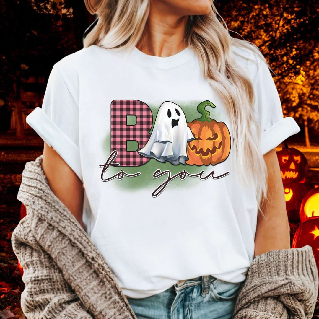 Halloween Tee - Cute & Rustic Boo Ghost Pumpkin Unisex Shirt T-Shirt Printify White M