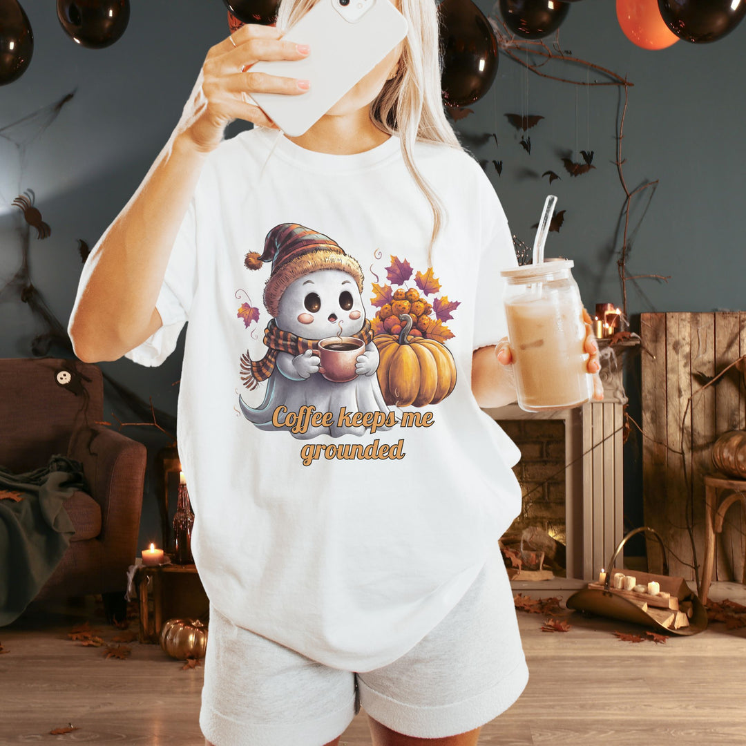 Ghostly Brew: Coffee Keeps Me Grounded T-Shirt T-Shirt Printify White L