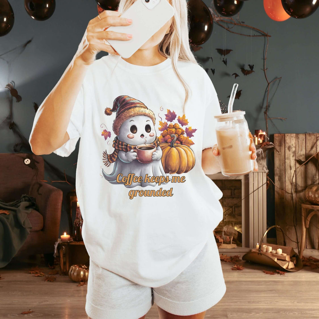 Ghostly Brew: Coffee Keeps Me Grounded T-Shirt T-Shirt Printify White L