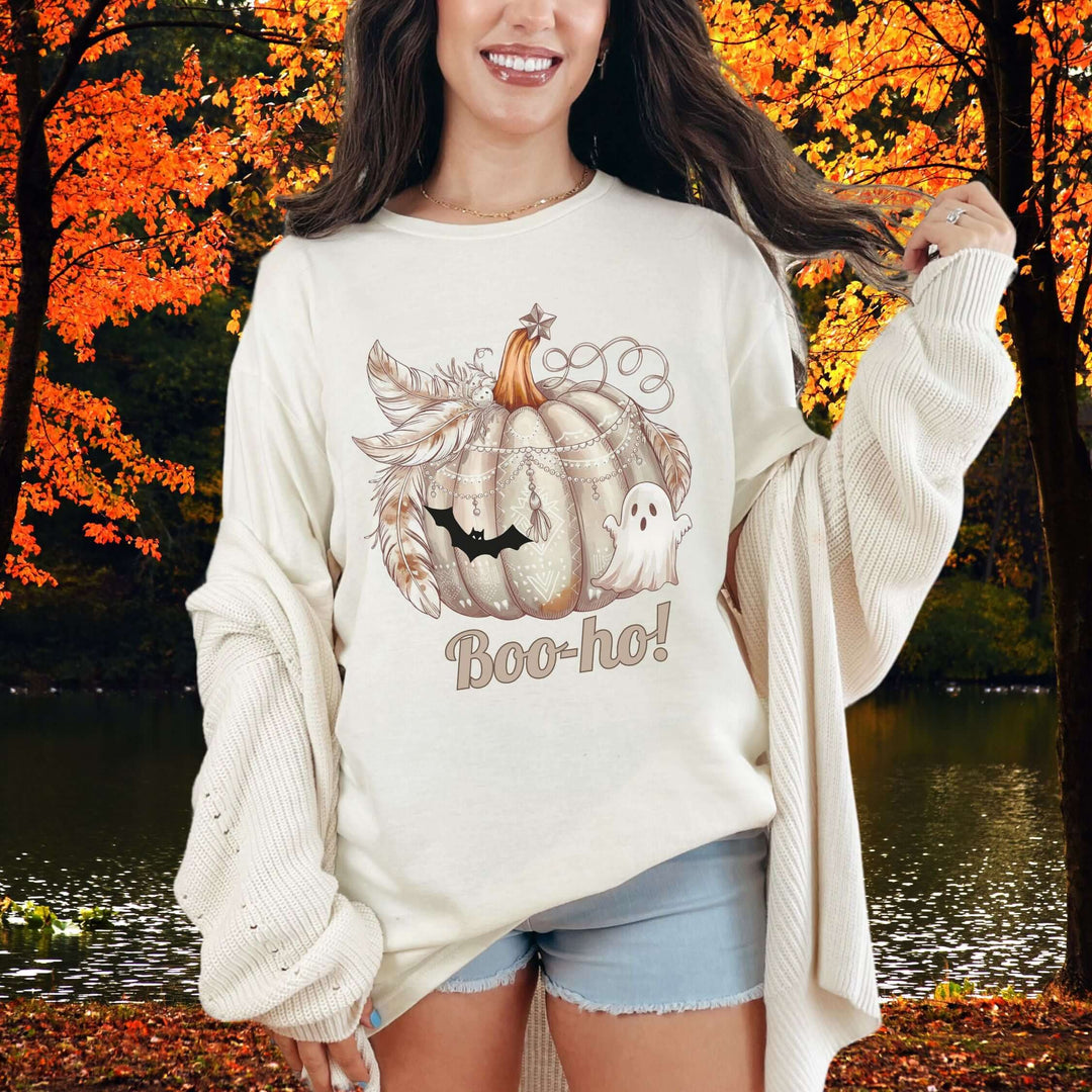Boo-ho! Pumpkin Ghost Halloween T-Shirt T-Shirt Printify White L