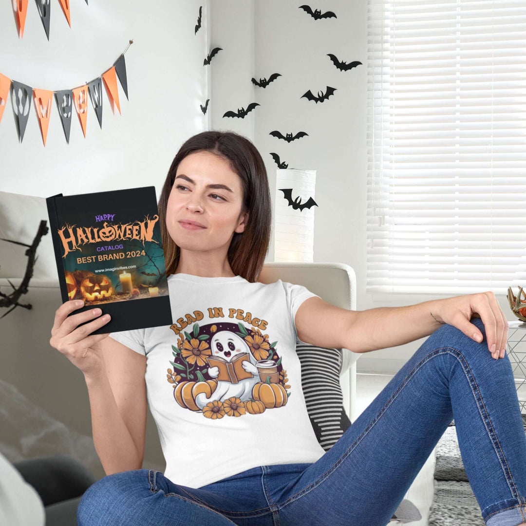 "Read In Peace" Cute Ghost Halloween Reader T-Shirt T-Shirt Printify White M