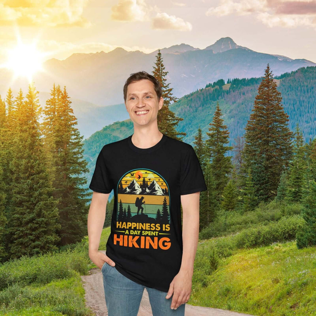 Happiness is Hiking: Outdoor Adventure Tee T-Shirt Printify Black M