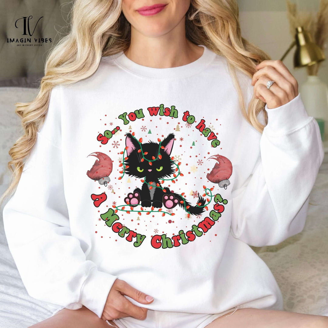 Merry Christmas Cat Sweatshirt Sweatshirt Printify L White