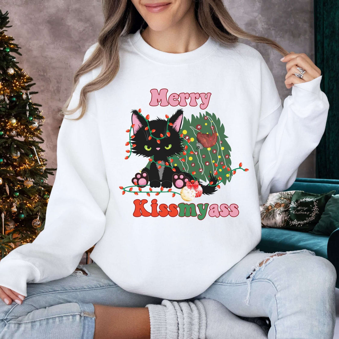 Merry Kiss: Funny Cat Sweatshirt Sweatshirt Printify L White