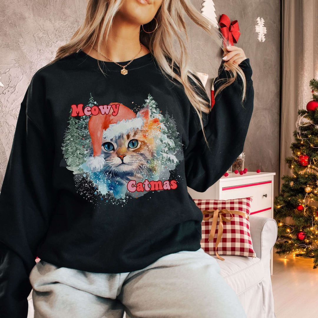 Meowy Catmas: Watercolor Cat Christmas Sweatshirt Sweatshirt Printify L Black