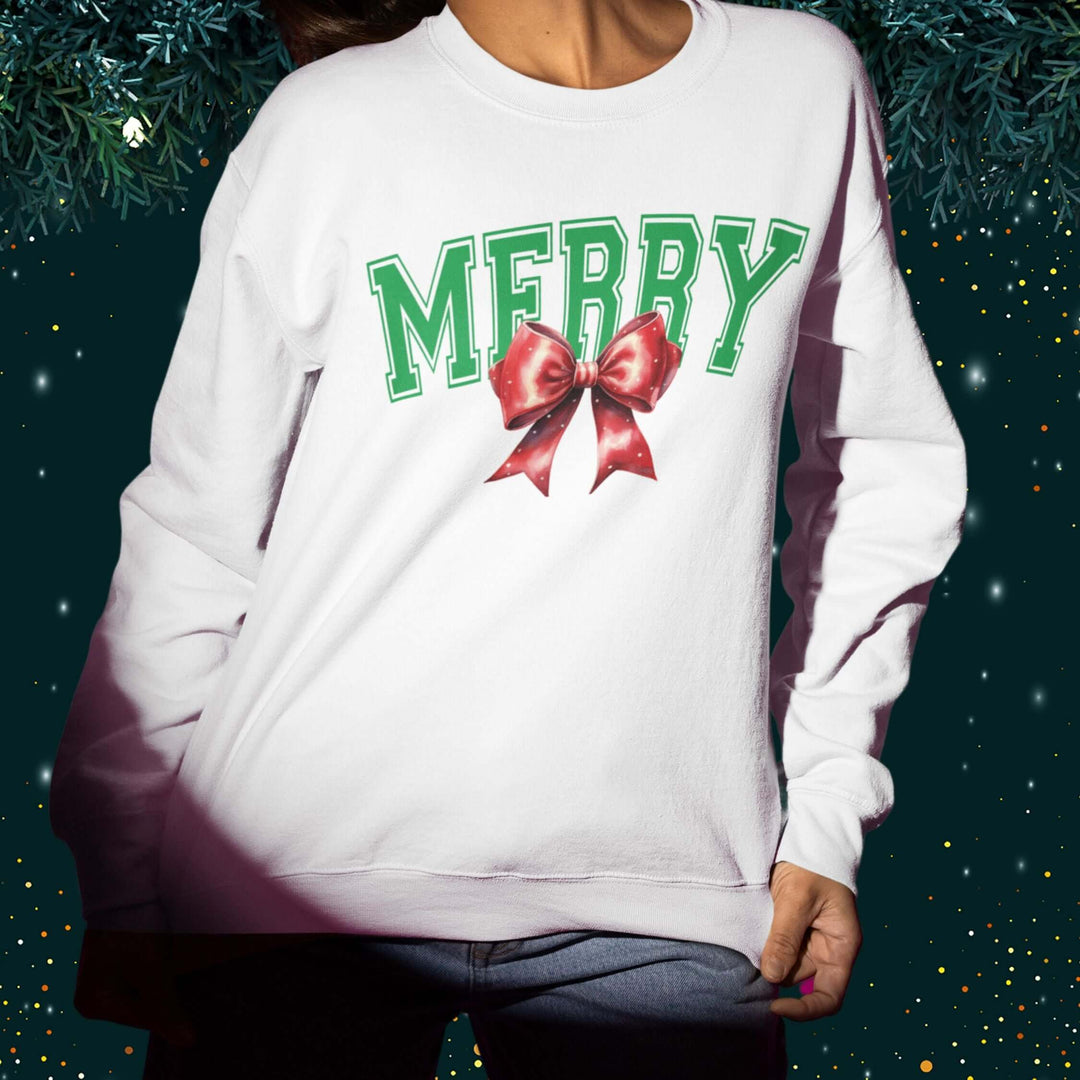 Merry Coquette Bow Christmas Sweatshirt Sweatshirt Printify M White