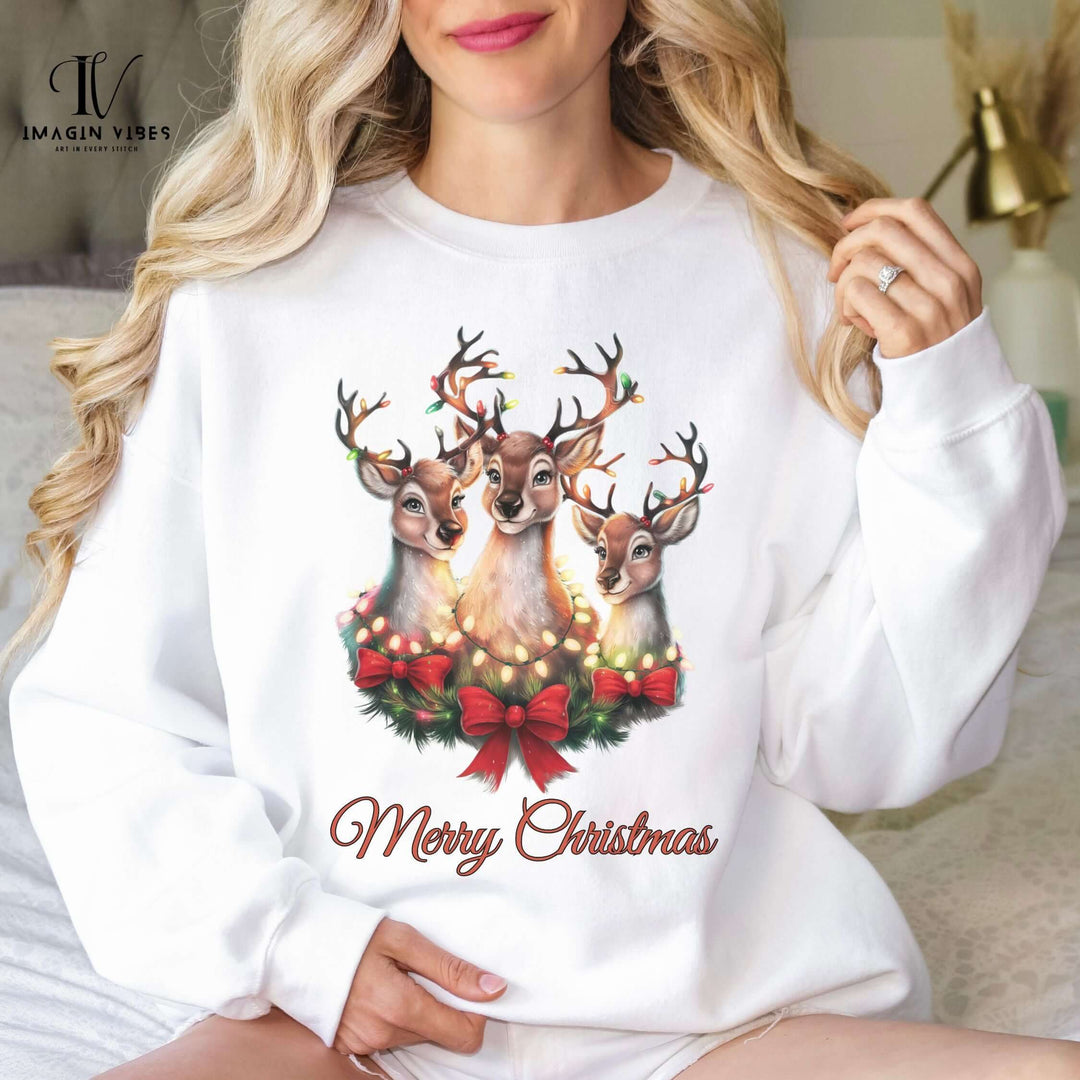 Merry Christmas Reindeers Sweatshirt Sweatshirt Printify L White