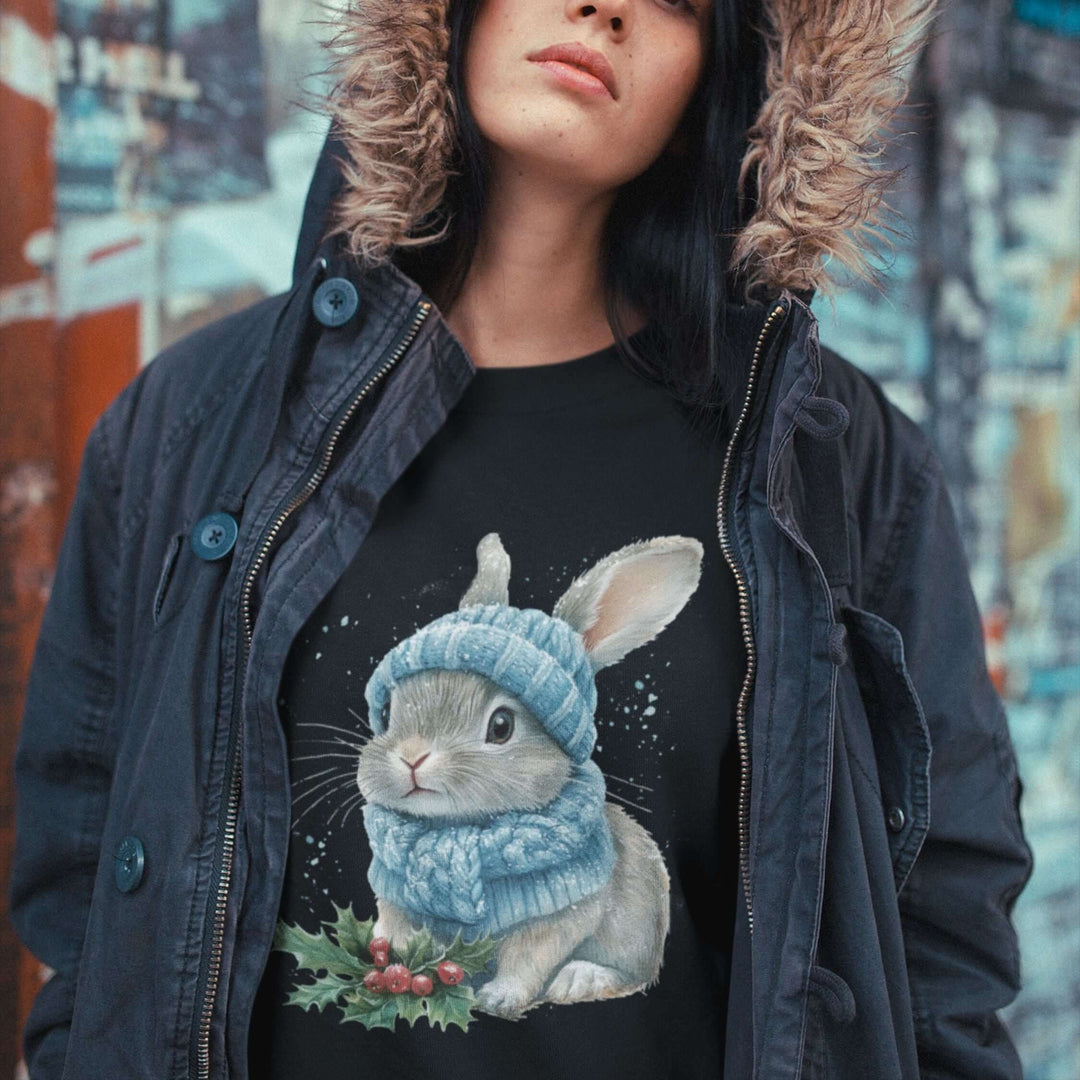 Cute Winter Watercolor Bunny Sweatshirt Sweatshirt Printify M Black