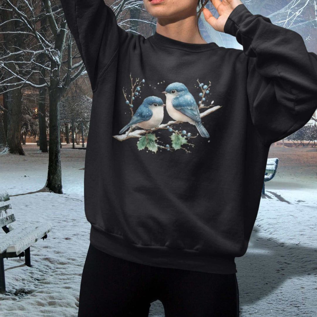 Winter Blue Jay Birds Sweatshirt Sweatshirt Printify L Black