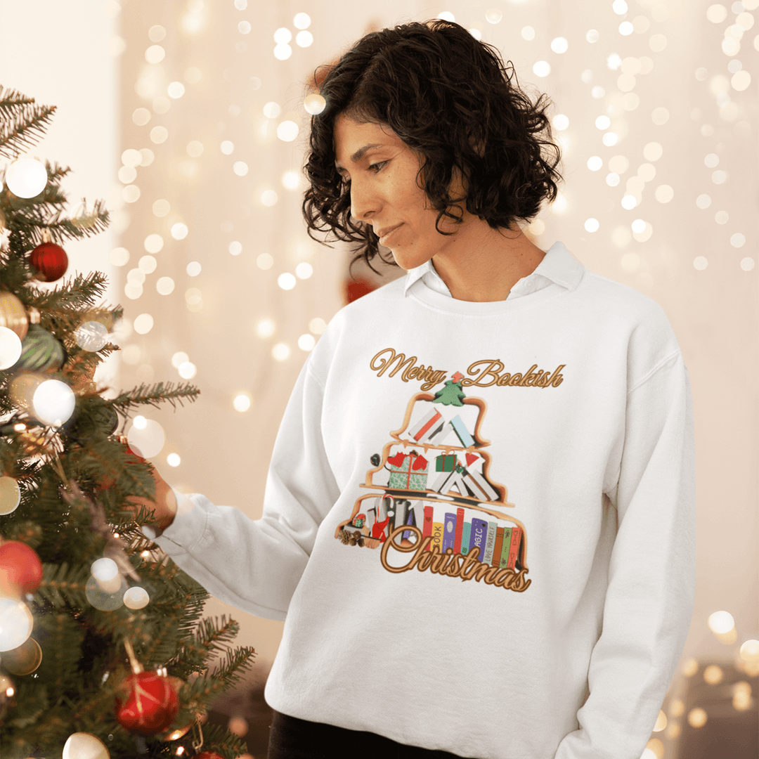 Merry Bookish Christmas Sweatshirt - Cozy Holiday Book Tree Pullover Sweatshirt Printify L White
