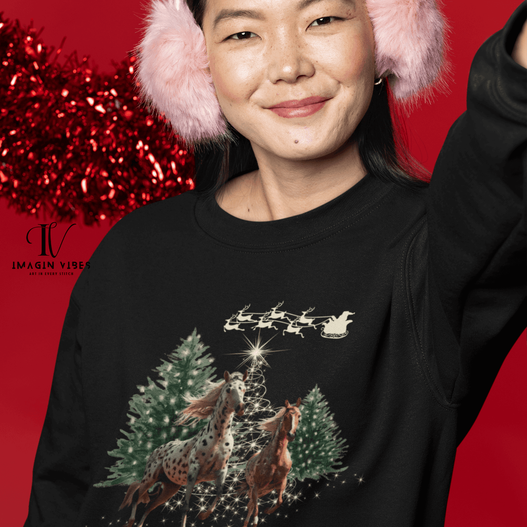 Christmas Horse Sweatshirt - Appy Christmas Theme Sweatshirt Printify S Black