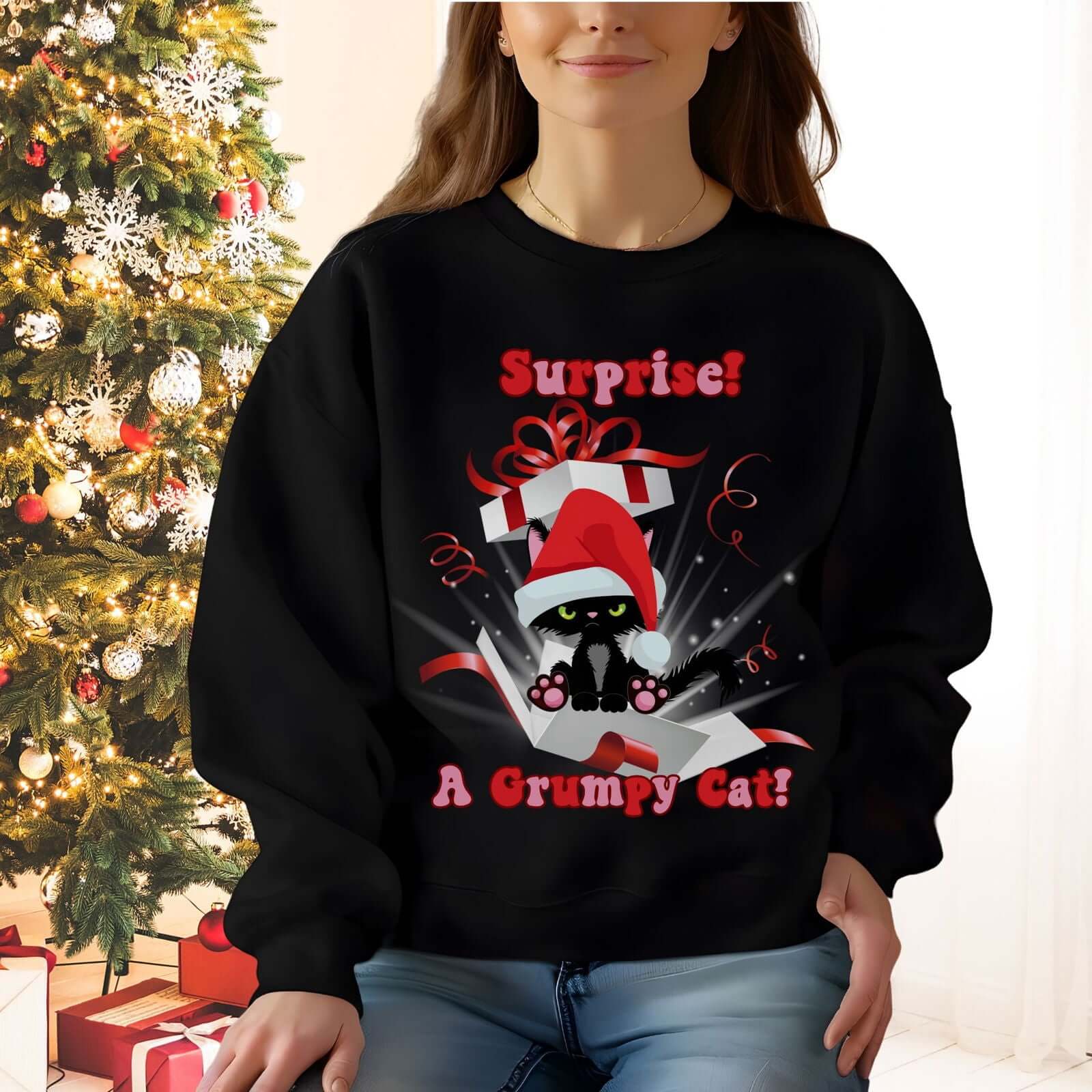 Grumpy Cat Christmas: Surprise Meowy Sweatshirt Sweatshirt Printify M Black
