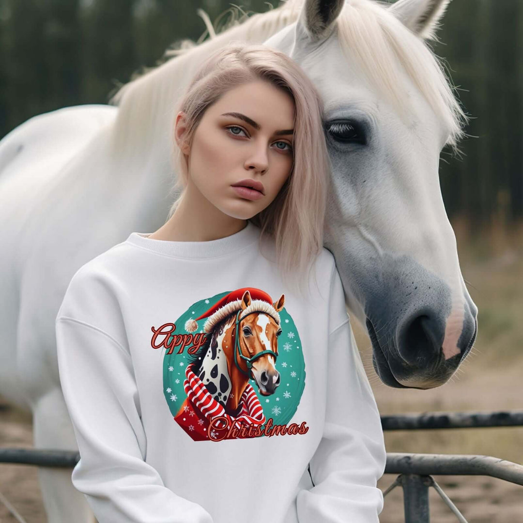 Christmas Horse Sweatshirt - Appaloosa Winter Holiday Apparel Sweatshirt Printify M White
