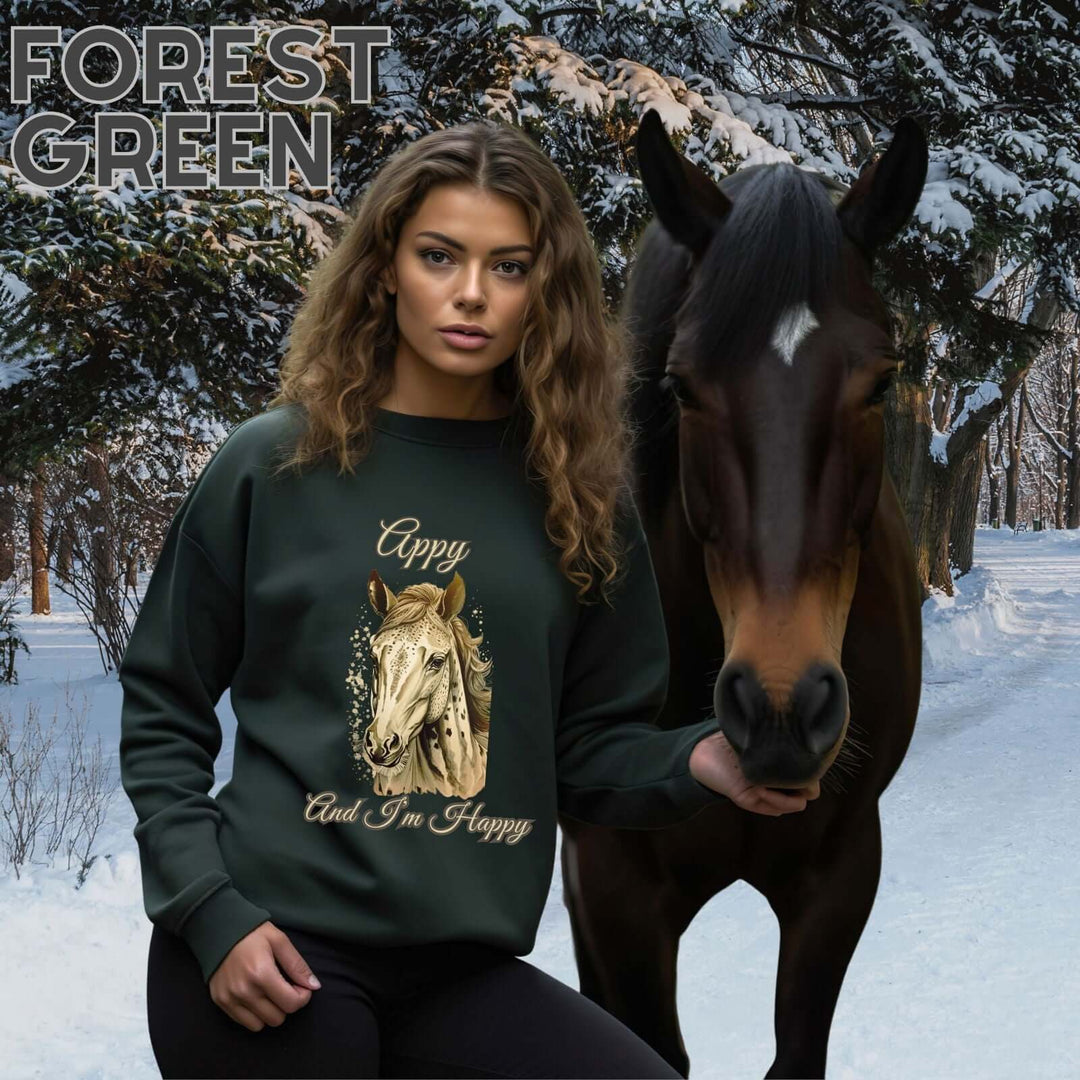 Horse Graphic Sweatshirt with 'Appy' and 'And I'm Happy' Text Sweatshirt Printify