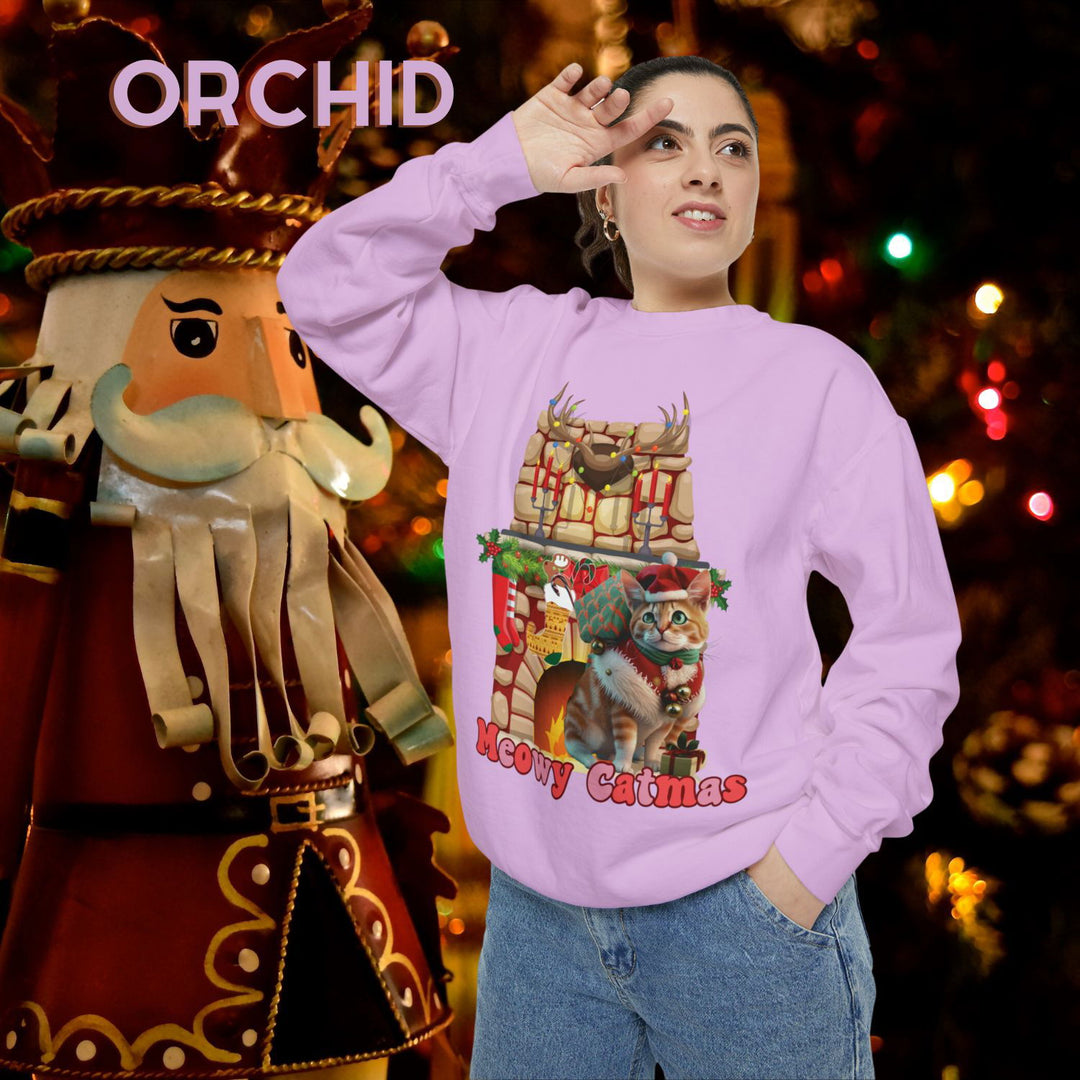 Christmas Cat Sweatshirt - Meowy Catmas Sweatshirt Printify Orchid L