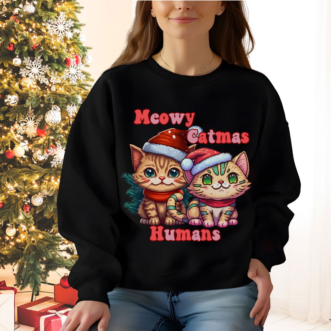 Christmas Cat Sweatshirt Meowy Catmas Graphic Unisex Sweatshirt Printify L Black