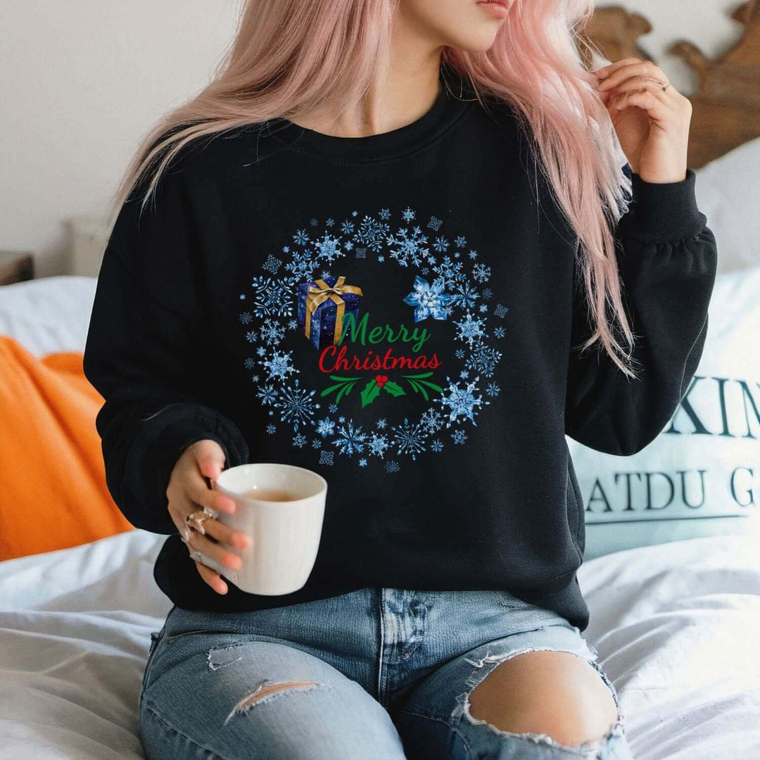 Wreath Merry Christmas Sweatshirt Sweatshirt Printify L Black
