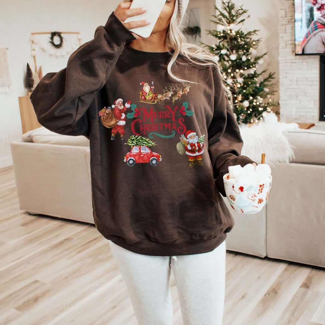 Vintage Christmas Cheer: "Merry Christmas" Retro Sweatshirt Sweatshirt Printify L Dark Chocolate