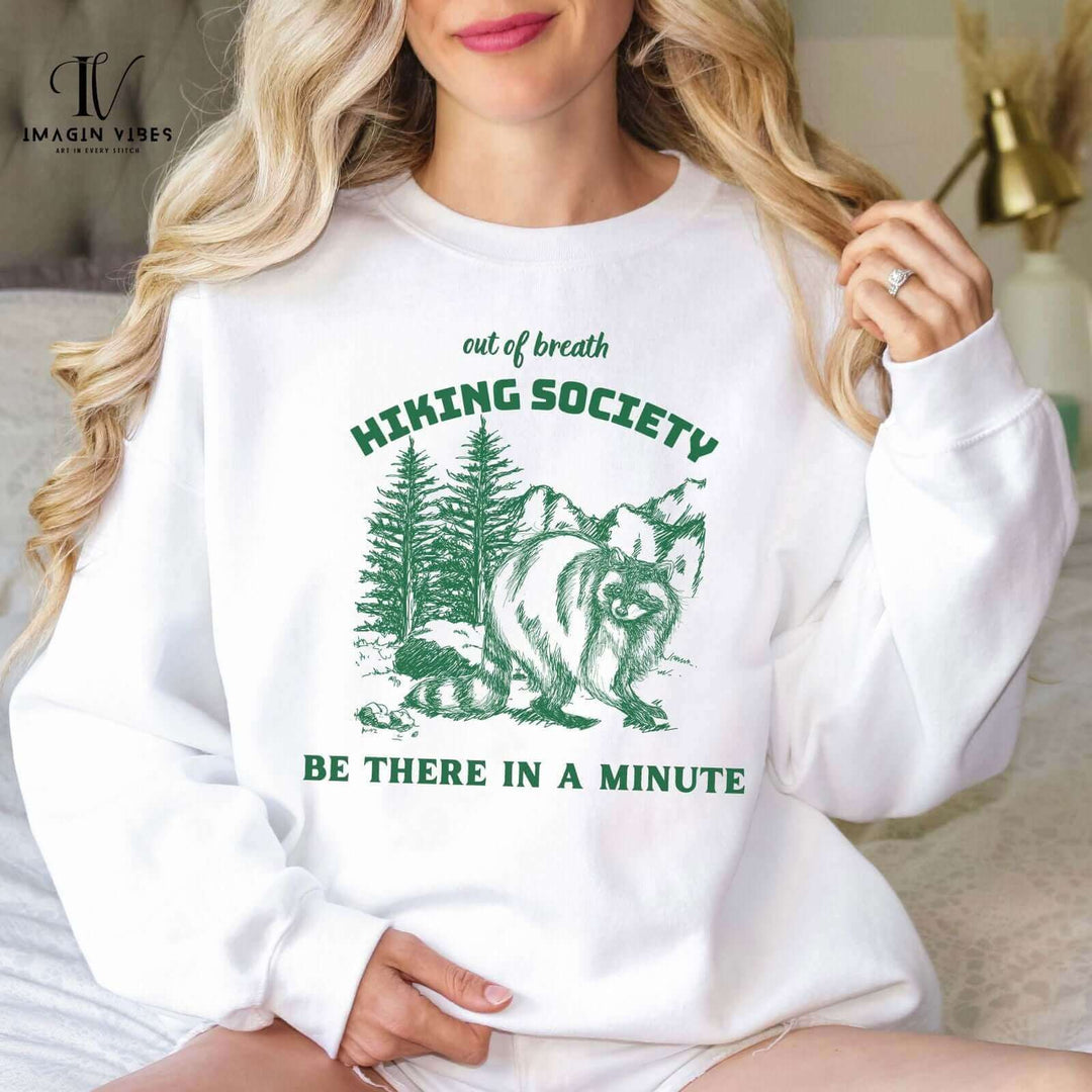 Out of Breath Hiking Society: Raccoon Retro Sweatshirt Sweatshirt Printify L White
