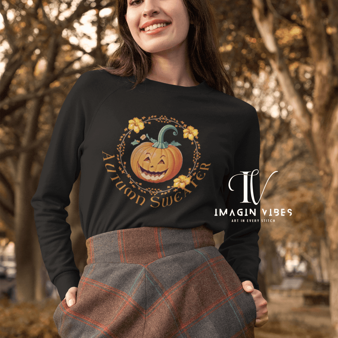 Halloween Autumn Sweater Jack-o'-lantern and Floral Wreath Sweatshirt Printify S Black