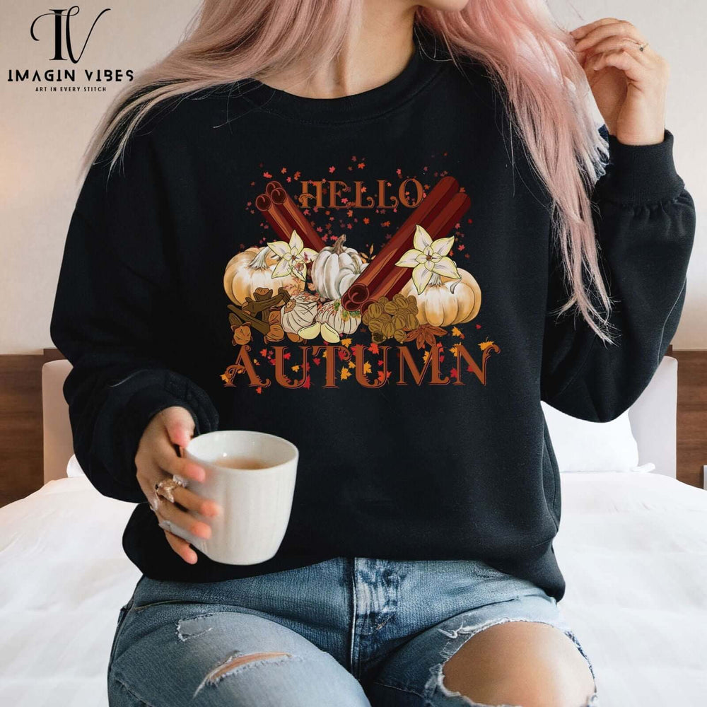 Autumn Harvest Sweatshirt with Pumpkins and Cinnamon Sticks Sweatshirt Printify L Black