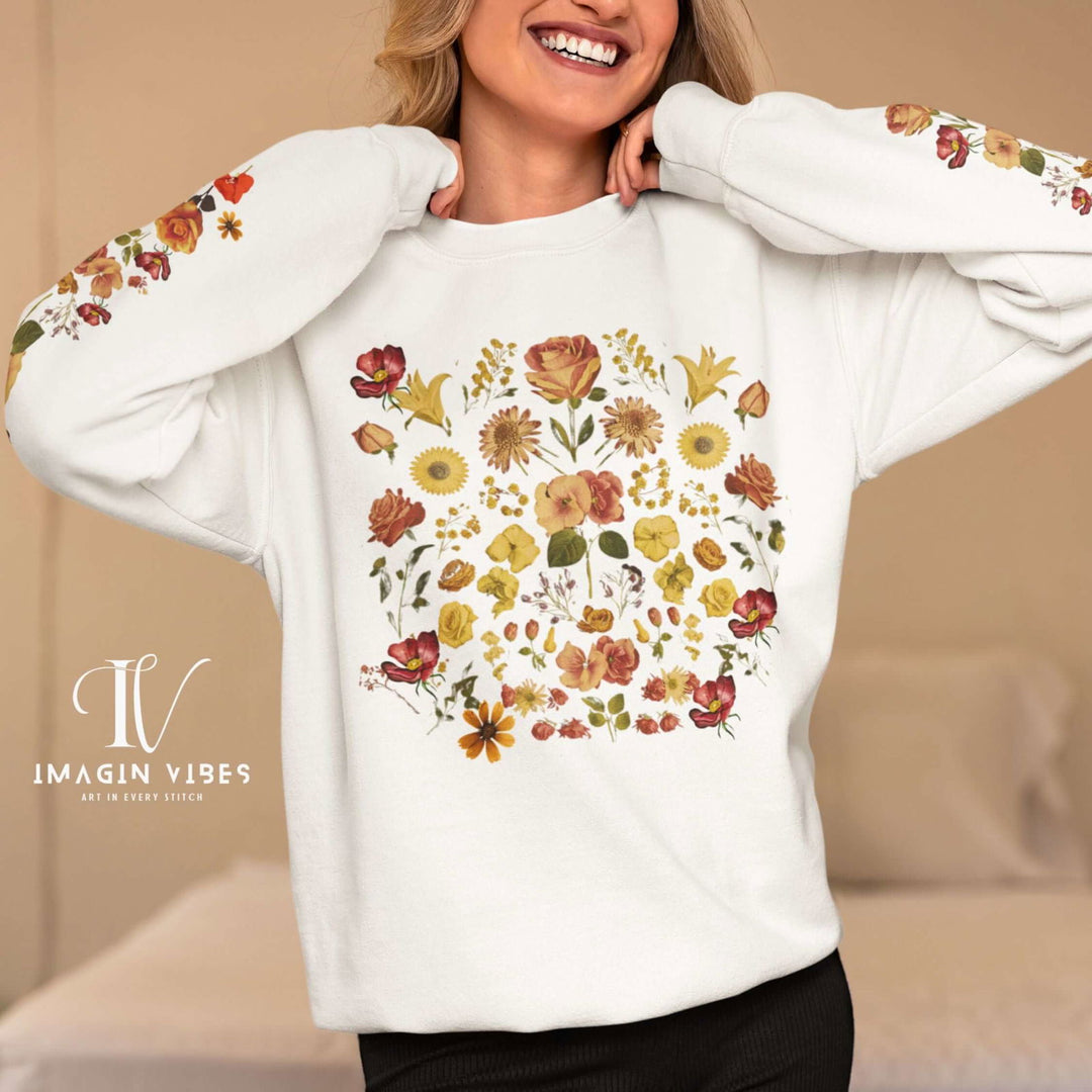Floral Sweatshirt with Circular Botanical Print Sweatshirt Printify