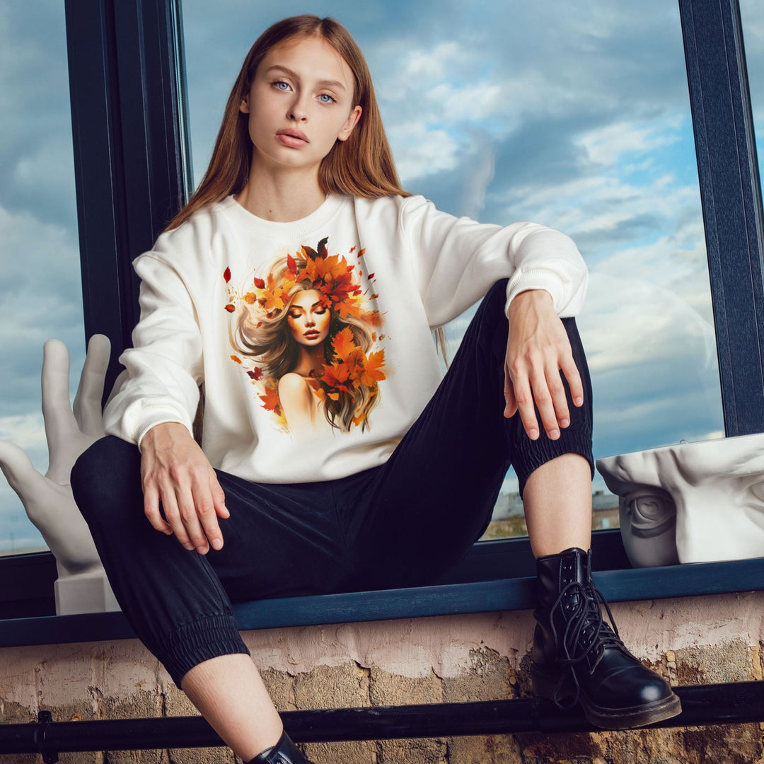 Autumn Woman Graphic Sweatshirt Sweatshirt Printify L White
