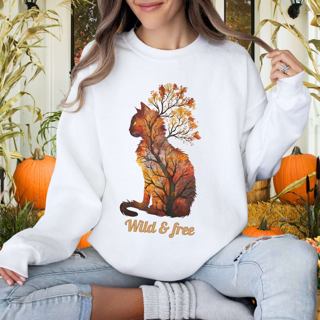 Autumn Forest Cat Sweatshirt - Wild & Free Nature Animal Scene Sweatshirt Printify L White