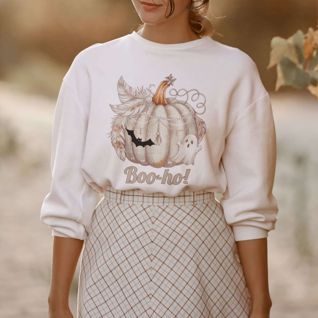 Boo-ho! Pumpkin Ghost Halloween Sweatshirt Sweatshirt Printify