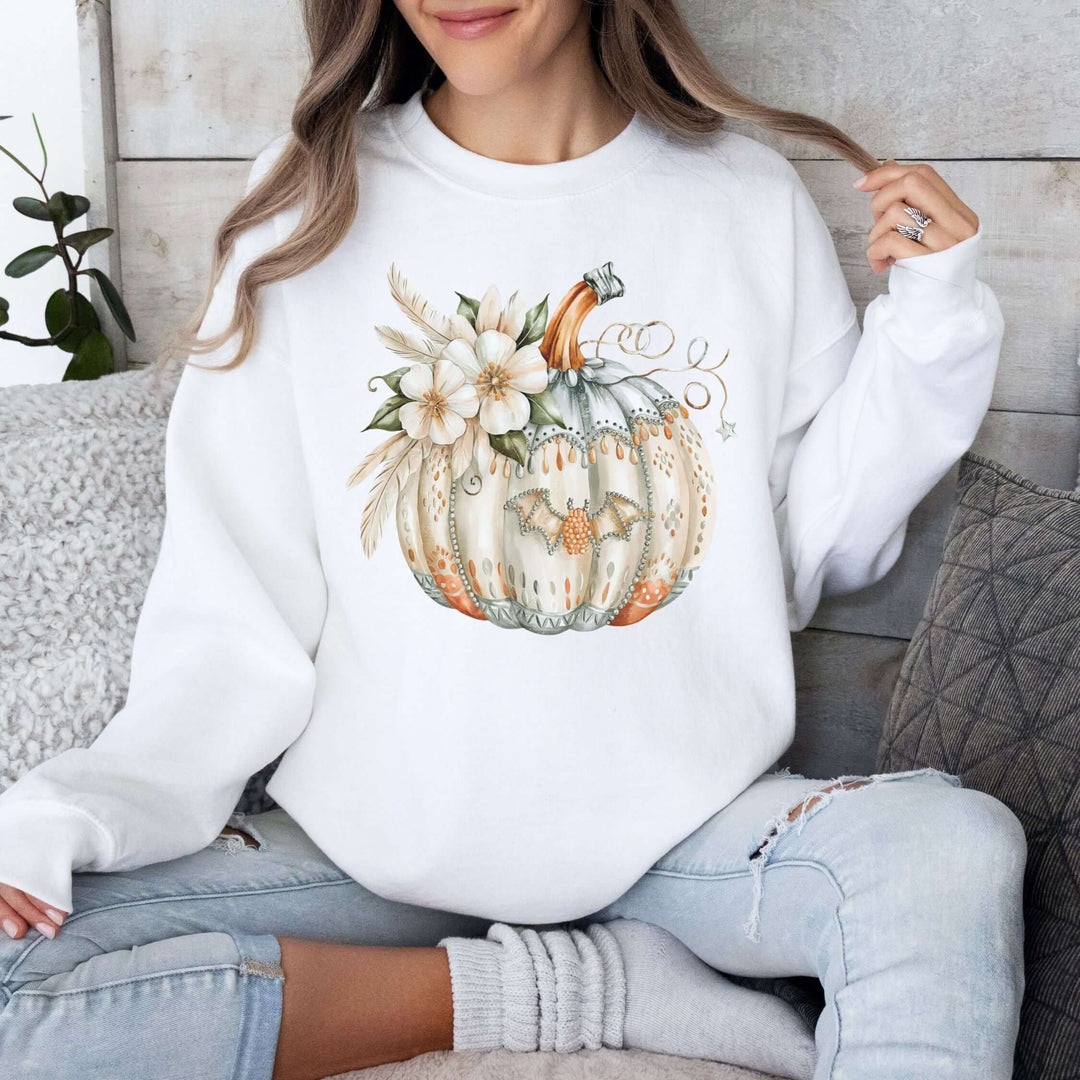 Boho Pumpkin Halloween Sweatshirt Sweatshirt Printify L White