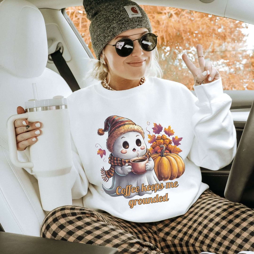 Ghostly Brew: Coffee Keeps Me Grounded Sweatshirt Sweatshirt Printify XL White