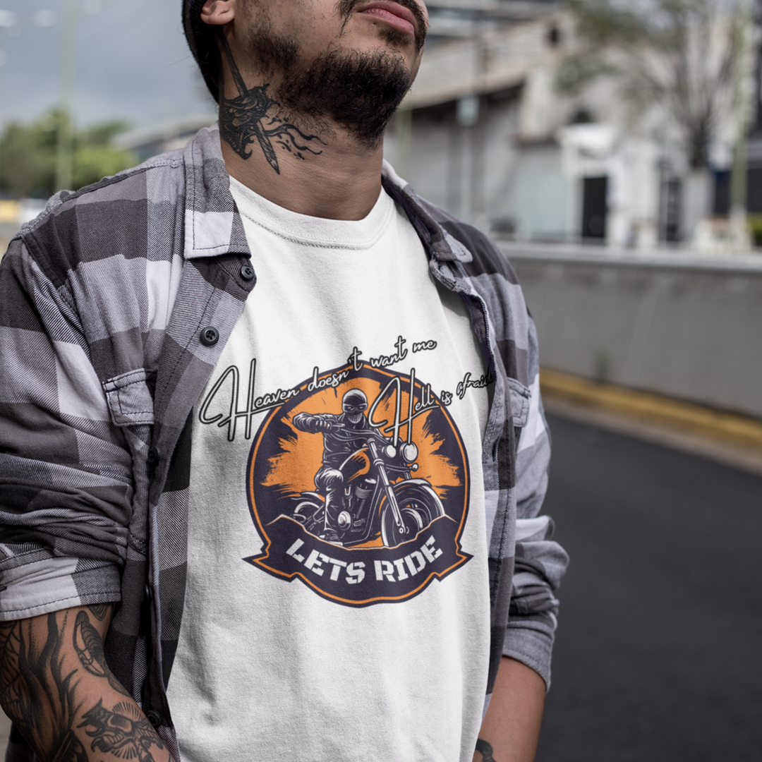 Biker Tee: "Heaven's Afraid, Hell's Afraid" - Let's Ride! T-Shirt Printify