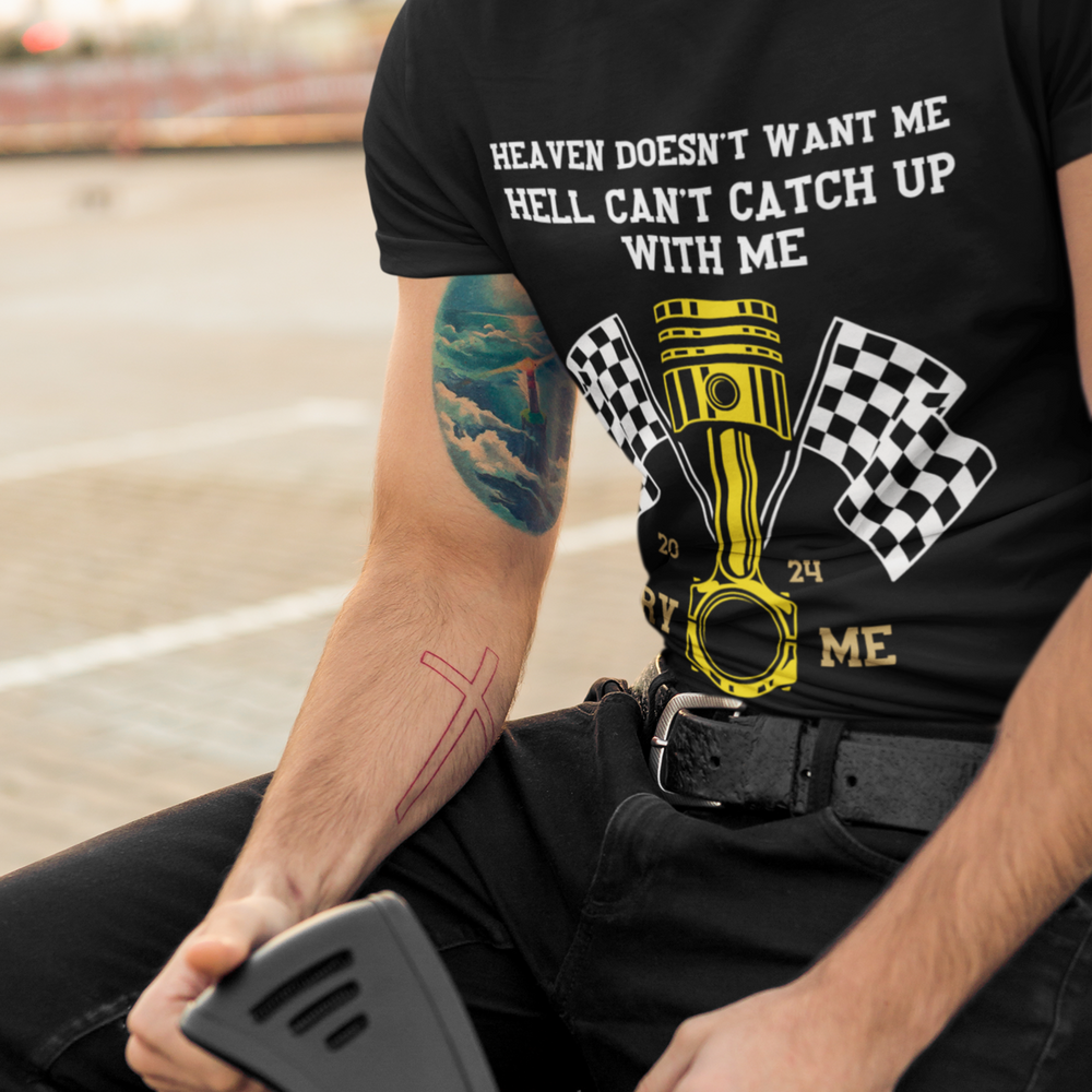 Racing T-shirt with Stylized Piston and Checkered Flags T-Shirt Printify Black XL