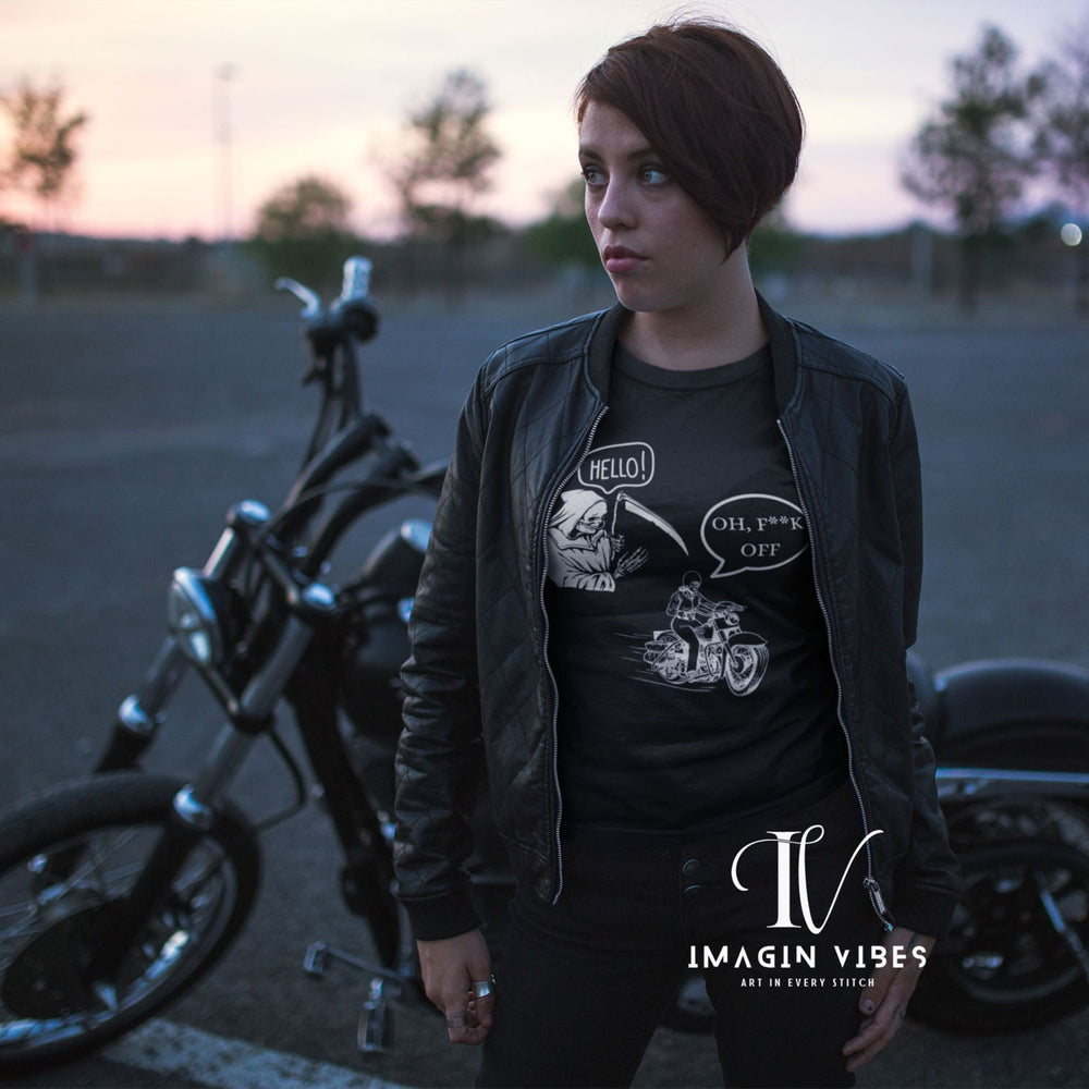 Graphic T-shirt - Grim Reaper Hello Motorcycle Rider Oh F**k Off T-Shirt Printify