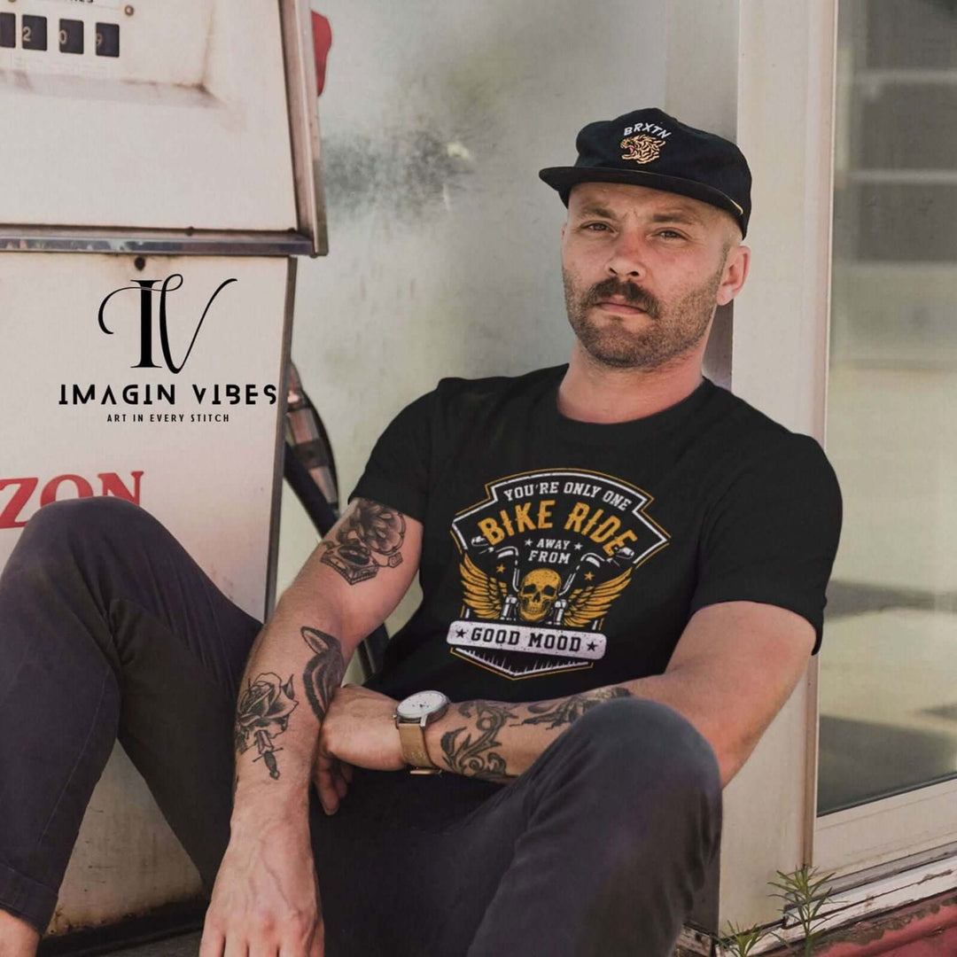 “One Ride Away” Skull Biker T-Shirt T-Shirt Printify