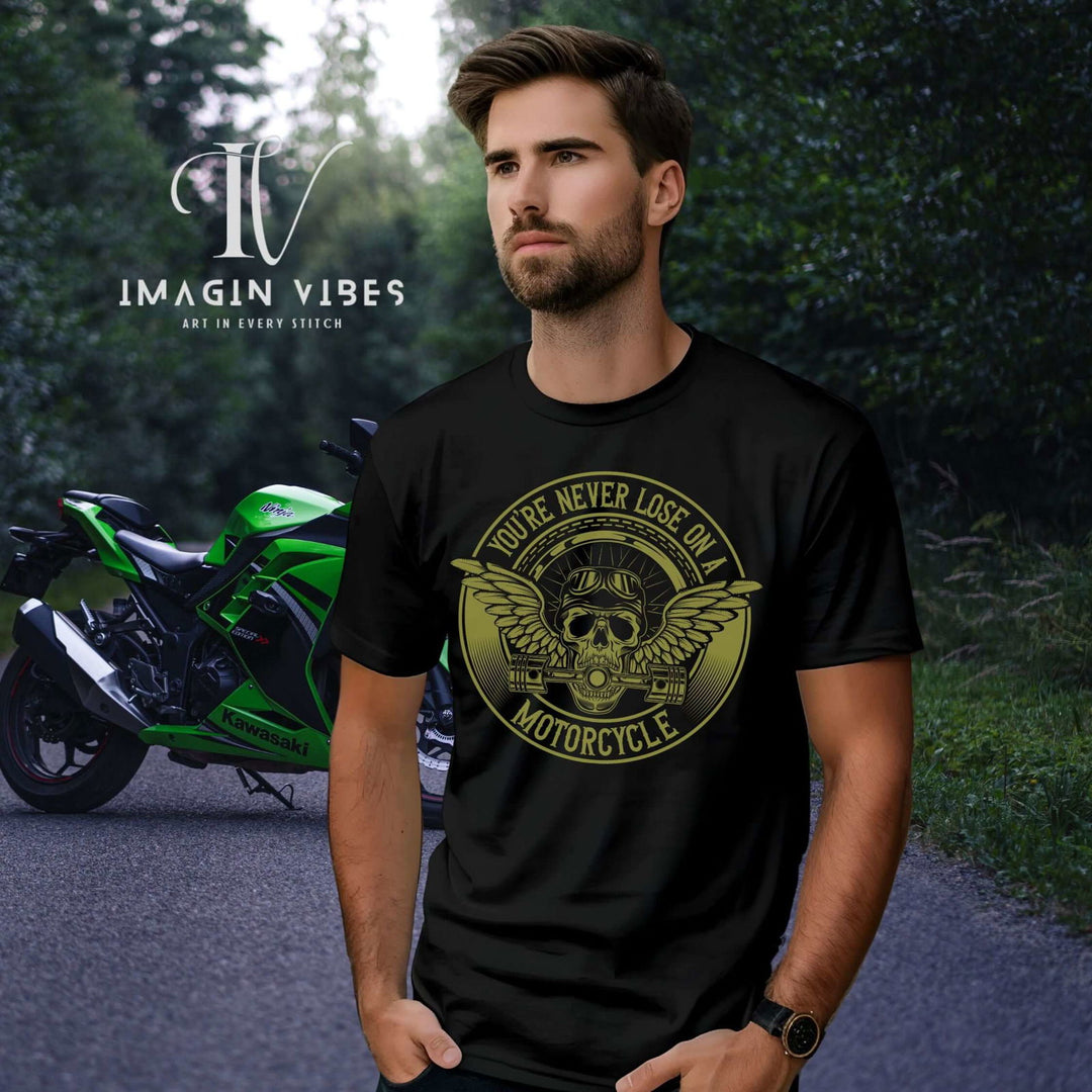 Winged Skull Biker T-Shirt with Motorcycle Engine Pistons T-Shirt Printify Black L