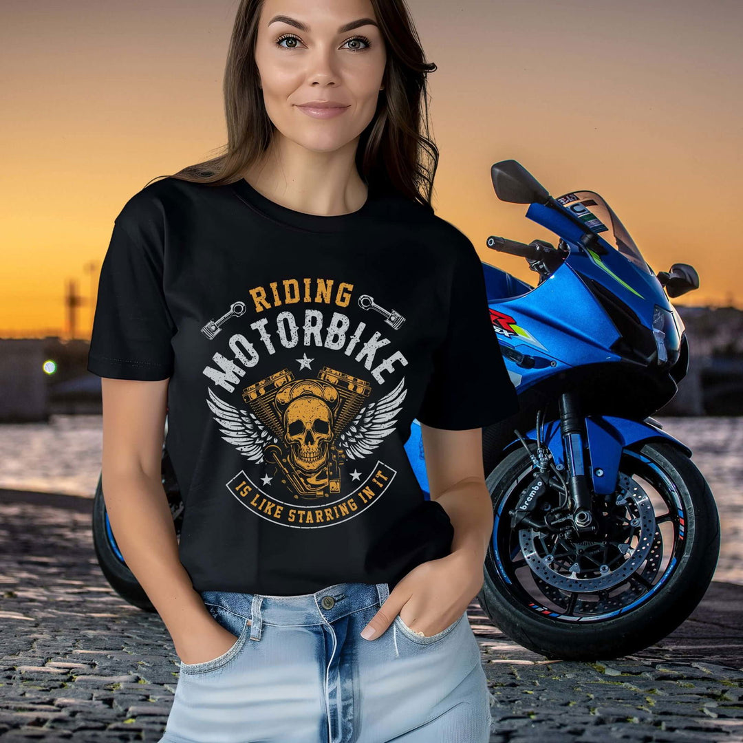Riding Motorbike Is Like Starring in It T-shirt T-Shirt Printify Black S