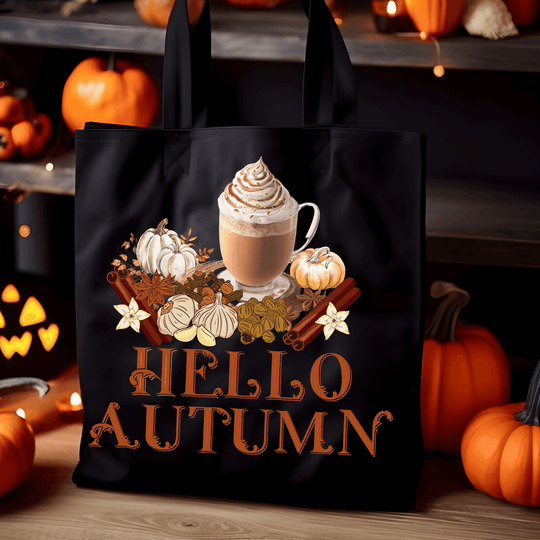 Autumn Vibes Tote Bag with Pumpkin Spice Latte and Hello Autumn Text Bags Printify