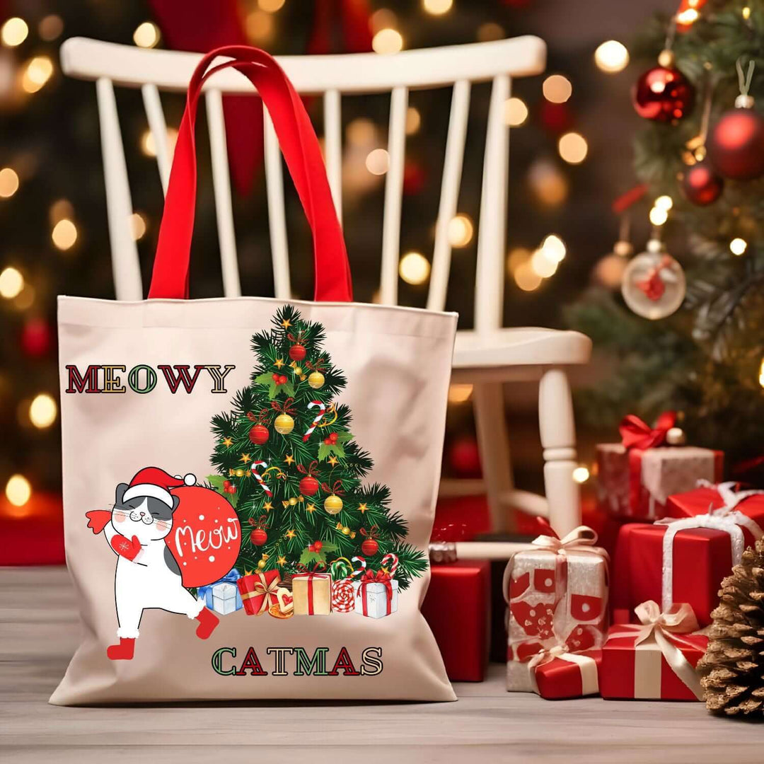 Meowy Catmas Tote Bag: Fun & Functional for Cat Lovers Accessories Printify