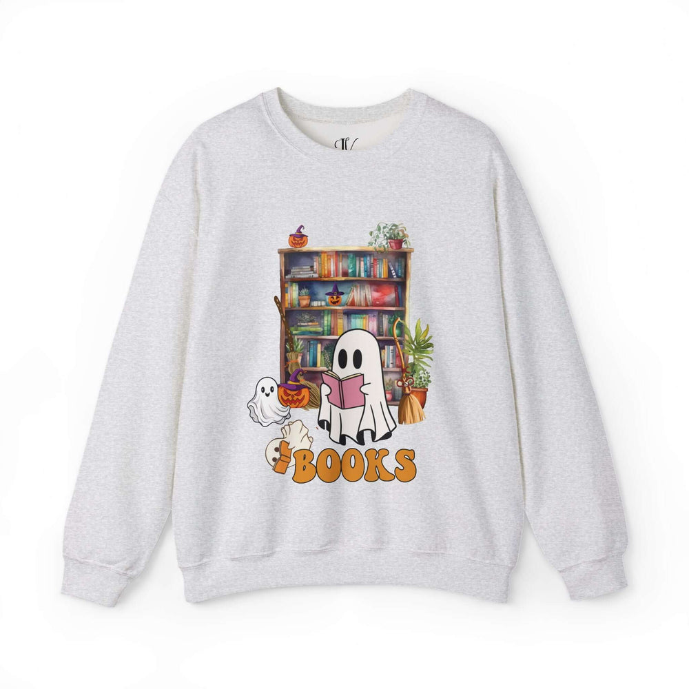 Bookworm Witch Fall Sweatshirt: "BOOKS" Design, Ghosts & Pumpkins Sweatshirt Printify S Ash
