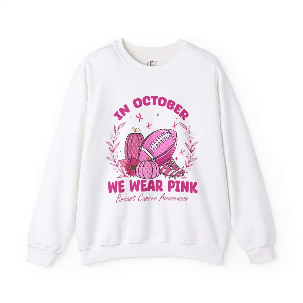 In October We Wear Pink Football Breast Cancer Awareness Sweatshirt Sweatshirt Printify S White