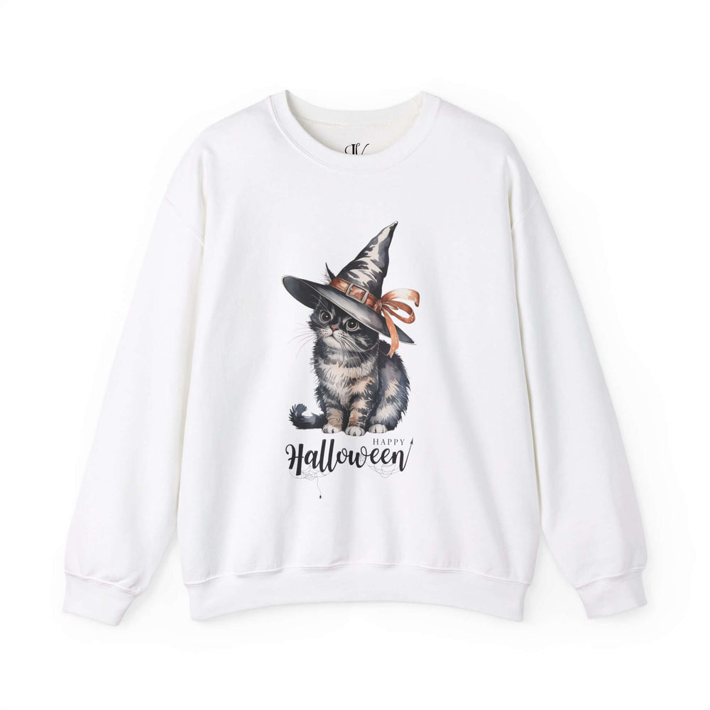Halloween Witch Cute Cat "Happy Halloween" Sweatshirt Sweatshirt Printify S White